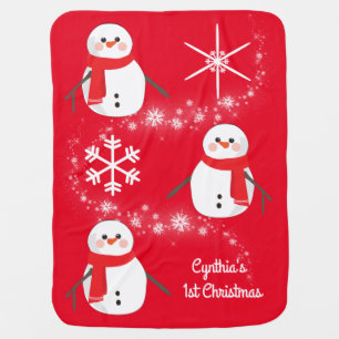 Charming Snowman Child's First Christmas on Red Baby Blanket
