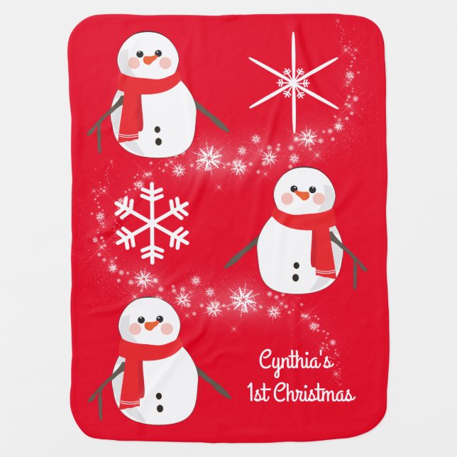 Charming Snowman Child's First Christmas on Red Baby Blanket (Front)