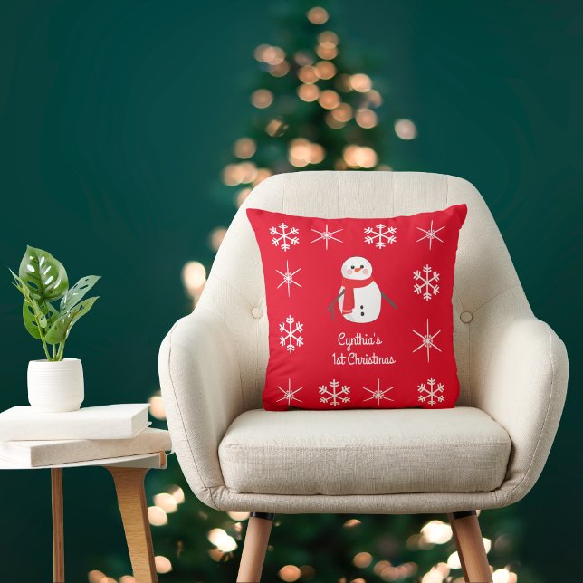 Charming Snowman Child's First Christmas on Red Throw Pillow (Creator Uploaded)