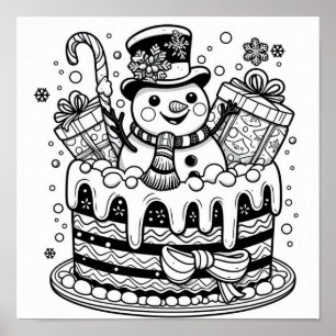 Charming Snowman Holiday Cake Coloring Poster