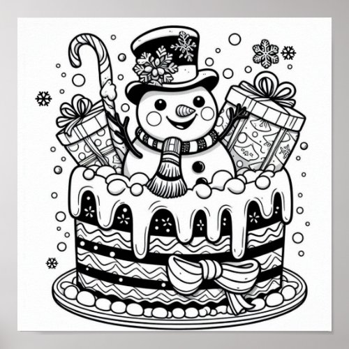 Charming Snowman Holiday Cake Coloring  Poster