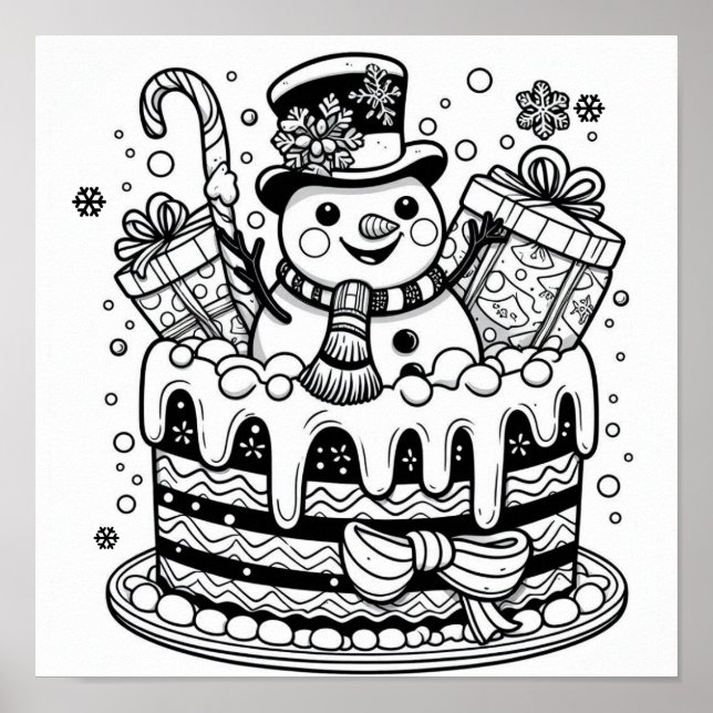 Charming Snowman Holiday Cake Coloring  Poster (Front)