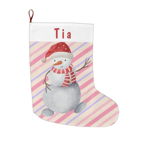 Charming Snowman Pink and Purple Striped Christmas Large Christmas Stocking