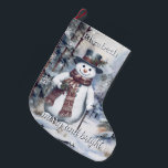 Charming Snowman Watercolor Winter Forest Custom Large Christmas Stocking<br><div class="desc">Celebrate the season with this personalized Charming Snowman Watercolor Winter Forest Christmas Stocking. Featuring a charming snowman in a classic top hat and scarf, holding a walking cane and set against a serene watercolor winter forest, the design is accented by elegant “Merry and Bright” script and modern typography showcasing the...</div>