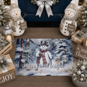 Charming Snowman Watercolor Winter Forest Doormat