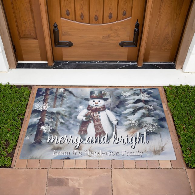 Charming Snowman Watercolor Winter Forest  Doormat (Outdoor)