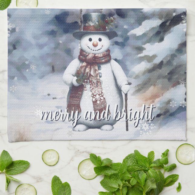 Charming Snowman Watercolor Winter Forest Kitchen Towel (Folded)