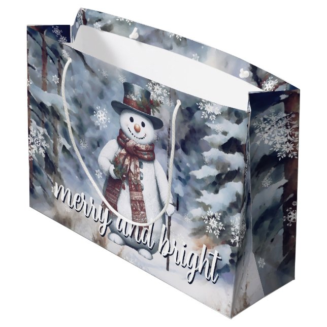 Charming Snowman Watercolor Winter Forest Large Gift Bag (Back Angled)