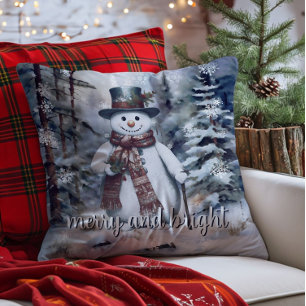 Charming Snowman Watercolor Winter Forest Throw Pillow