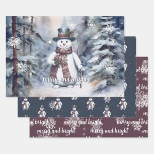 Charming Snowman Watercolor Winter Forest Wrapping Paper Sheets