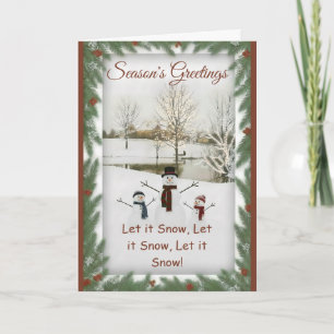 Charming snowmen serene winter landscape card