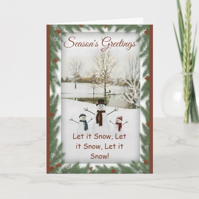 Charming snowmen serene winter landscape card (Front)