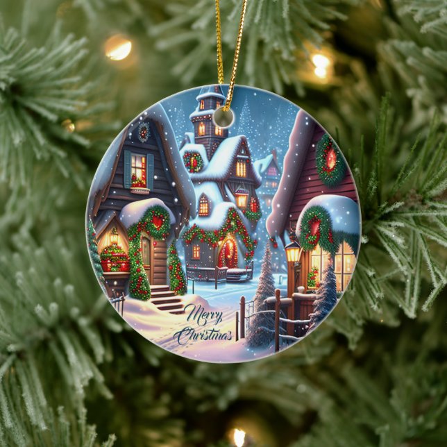 Charming snowy Christmas village  Ceramic Ornament (Tree)