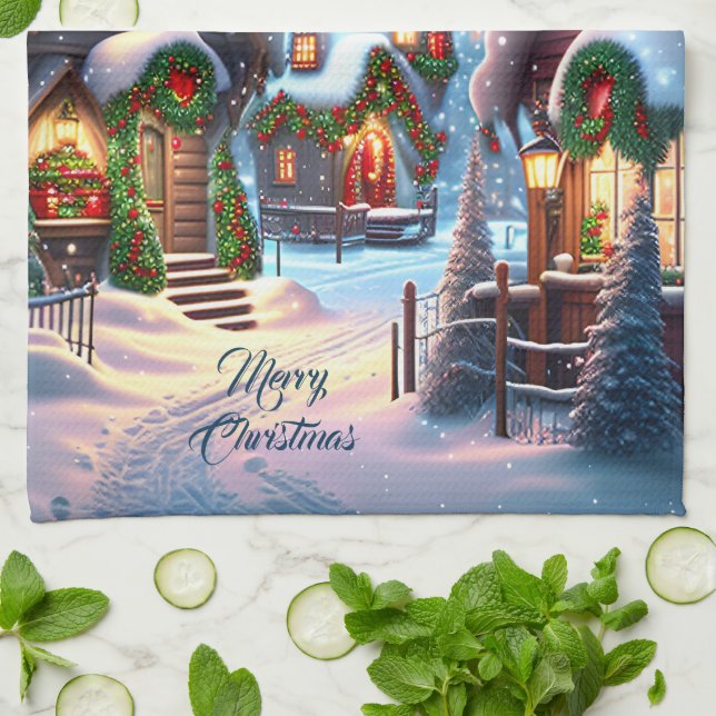 Charming snowy Christmas village custom  Kitchen Towel (Folded)