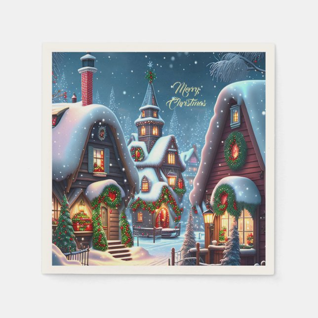Charming snowy Christmas village custom Napkins (Front)