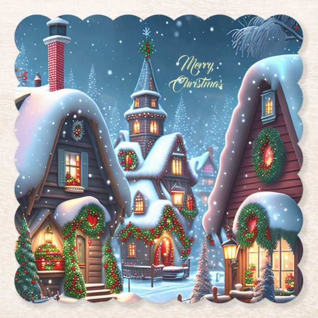 Charming snowy Christmas village custom Paper Coaster (Front)