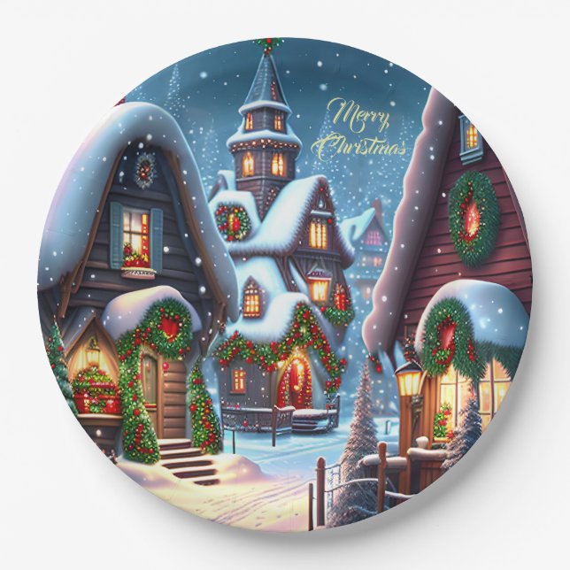 Charming snowy Christmas village custom Paper Plates (Front)