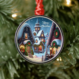 Charming snowy Christmas village  Metal Ornament