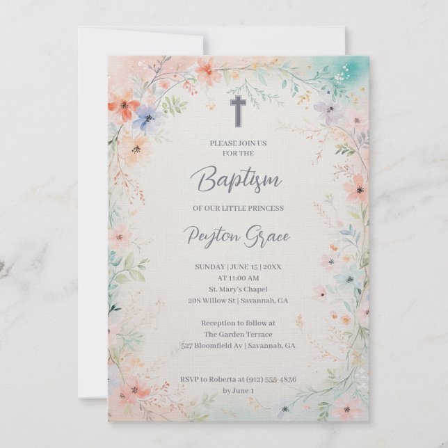 Charming Soft Botanical Floral Frame Baptism Invitation (Front)