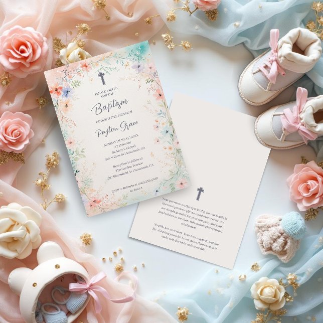 Charming Soft Botanical Floral Frame Baptism Invitation (Charming Digital Watercolor Soft Botanical Floral Frame Baptism Invitation Cards Design.)