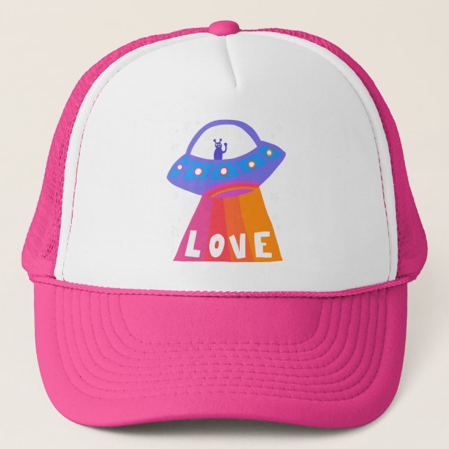Charming Space Aliens Martians UFO Cute LOVE Trucker Hat (Front)