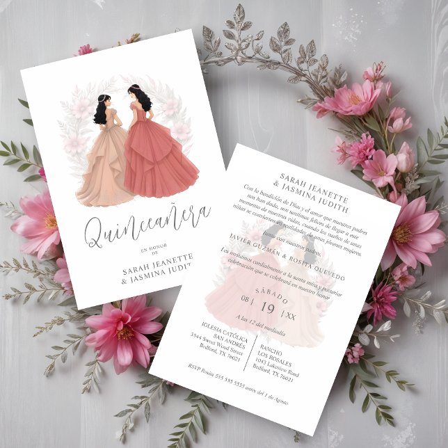 Charming Spanish Dusty Pink Shades XVs Twins Invitation (Charming Spanish Dusty Pink Shades Quinceañera Twins Invitations Cards.)
