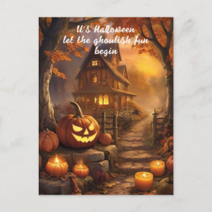 Charming Spooky Halloween Cottage with Pumpkins Postcard