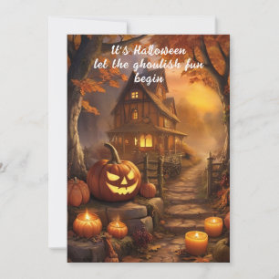 Charming Spooky Halloween Cottage with Pumpkins  Thank You Card