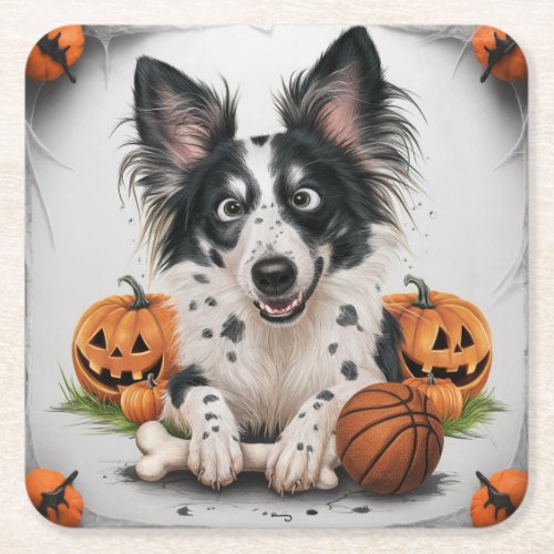 Charming Spotted Dog Halloween Whimsy with Basket Square Paper Coaster