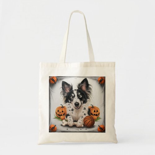 Charming Spotted Dog Halloween Whimsy with Basket Tote Bag