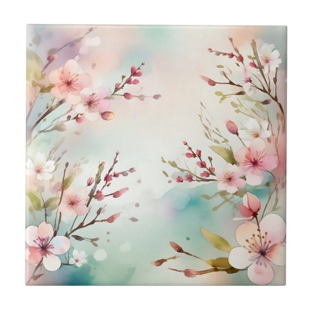 Charming Spring Watercolor Flowers Ceramic Tile (Front)