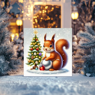 Charming Squirrel with Christmas Tree and Baubles Holiday Card