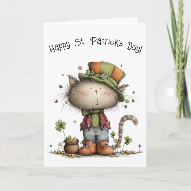 Charming St. Patrick’s Day Cat and Pot of Gold Card (Front)