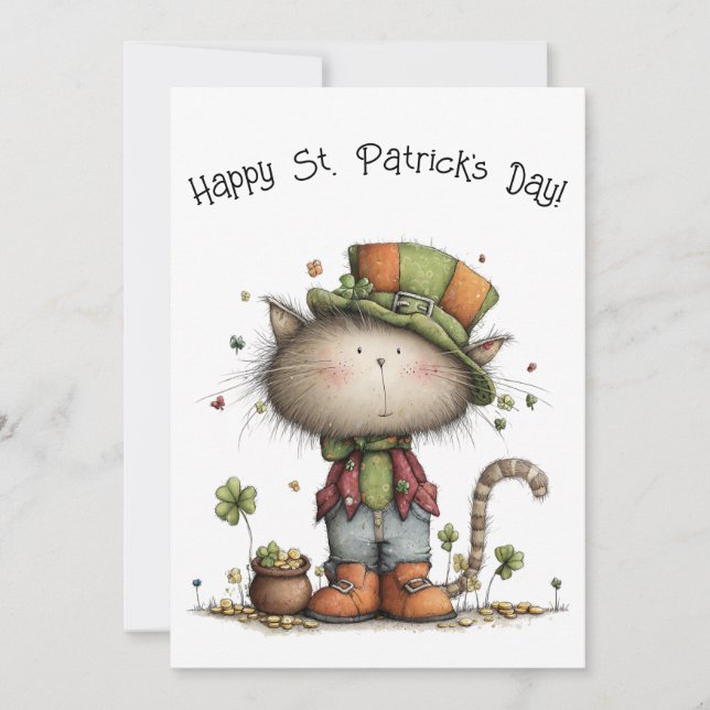 Charming St. Patrick’s Day Cat & Pot of Gold Flat Card (Front)