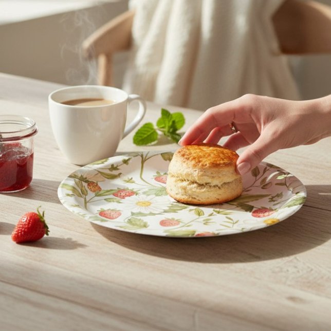 Charming Strawberry Daisy Botanical Watercolor  Paper Plates (Creator Uploaded)