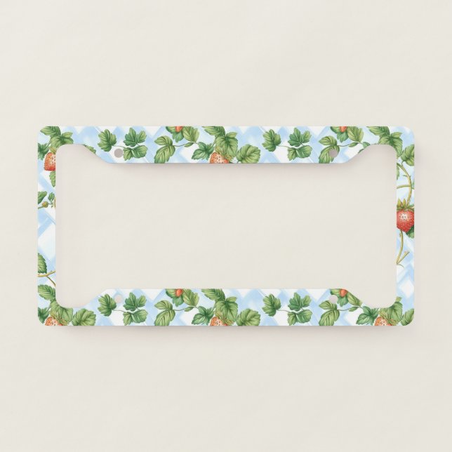 Charming Strawberry & Leaf Pattern – Vintage License Plate Frame (Front)
