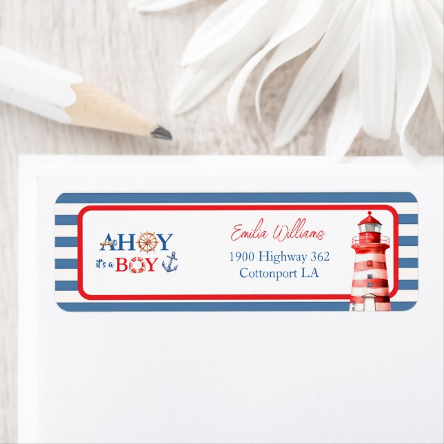 Charming Striped Blue Red Nautical Ahoy Boy Label (Insitu)