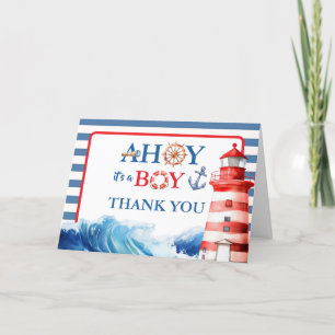 Charming Striped Blue Red Nautical Ahoy Boy Thank You Card