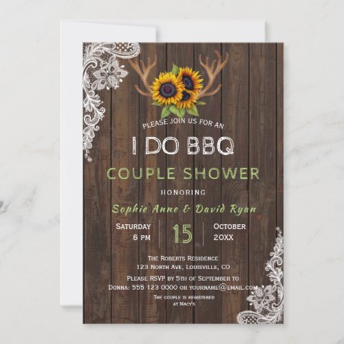 Charming Sunflowers Antlers I DO BBQ Couple Shower Invitation