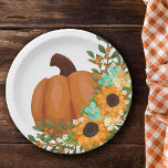 Charming Sunflowers & Orange Pumpkin Paper Plates<br><div class="desc">Pumpkin and sunflower themed paper plates with a beautiful illustration of a pumpkin with a sunflower floral arrangement with flowers in yellow and mint, and berry sprigs with orange berries. Perfect for autumn baby showers, fall baby shower, pumpkin baby showers as well as autumn weddings, fall weddings, country weddings, rustic...</div>