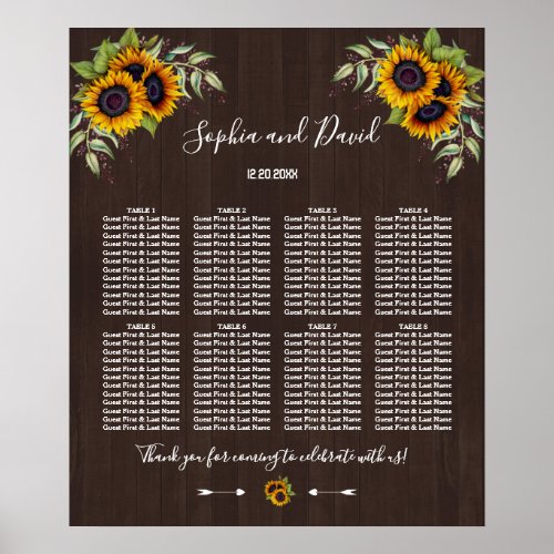 Charming Sunflowers Wood Wedding Seating Chart