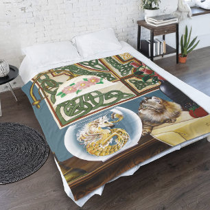 Charming Tabby Cat Sea Horse Fantasy Fleece Blanket