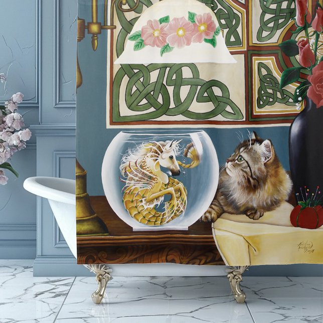 Charming Tabby Cat Sea Horse Fantasy Shower Curtain (Creator Uploaded)