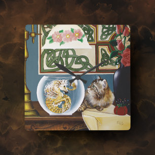 Charming Tabby Cat Sea Horse Fantasy Square Wall Clock
