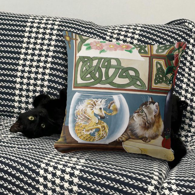 Charming Tabby Cat Sea Horse Fantasy Throw Pillow (Creator Uploaded)