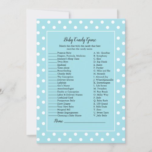 Charming Teal Bow Baby Candy Baby Shower Game Invitation