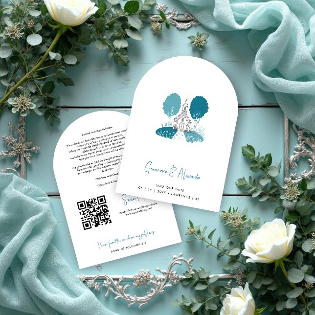 Charming Teal Church Design Christian Wedding Save The Date (Charming Teal Church Illustration Christian Wedding Save the Date Cards.)