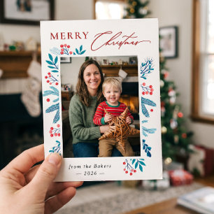 Charming Teal Winter Foliage Photo Christmas Holiday Card