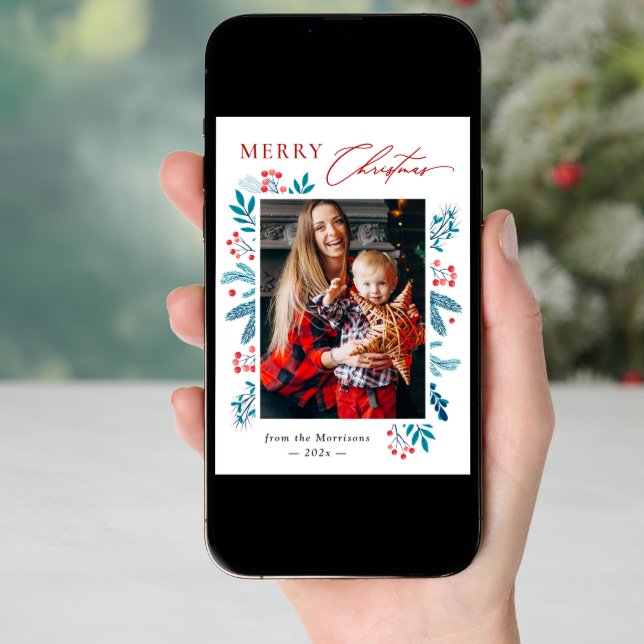 Charming Teal Winter Foliage Photo Christmas Holiday Card (Front Digital)