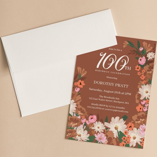 Charming Terracotta Fall Floral 100th Birthday Invitation